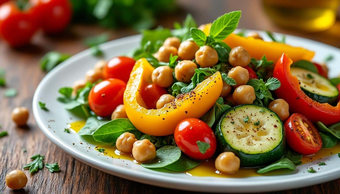 découvrez une délicieuse salade tiède de pois chiches et légumes rôtis, idéale pour un repas sain et gourmand. facile à préparer, savoureuse et riche en saveurs méditerranéennes.