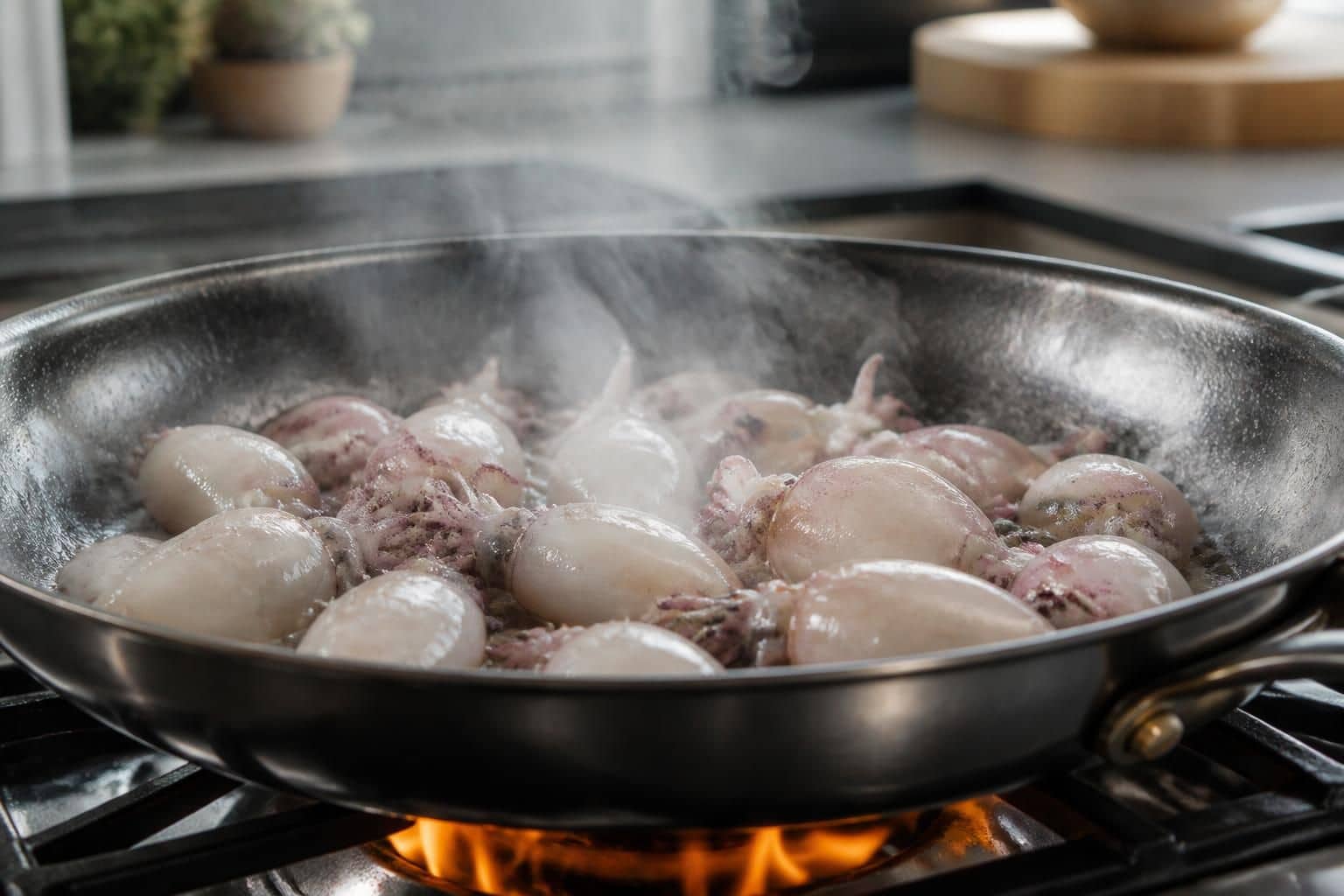 la poêle très chaude permet de cuire rapidement les petites seiches surgelées, réduisant ainsi le temps de cuisson tout en conservant saveur et texture.