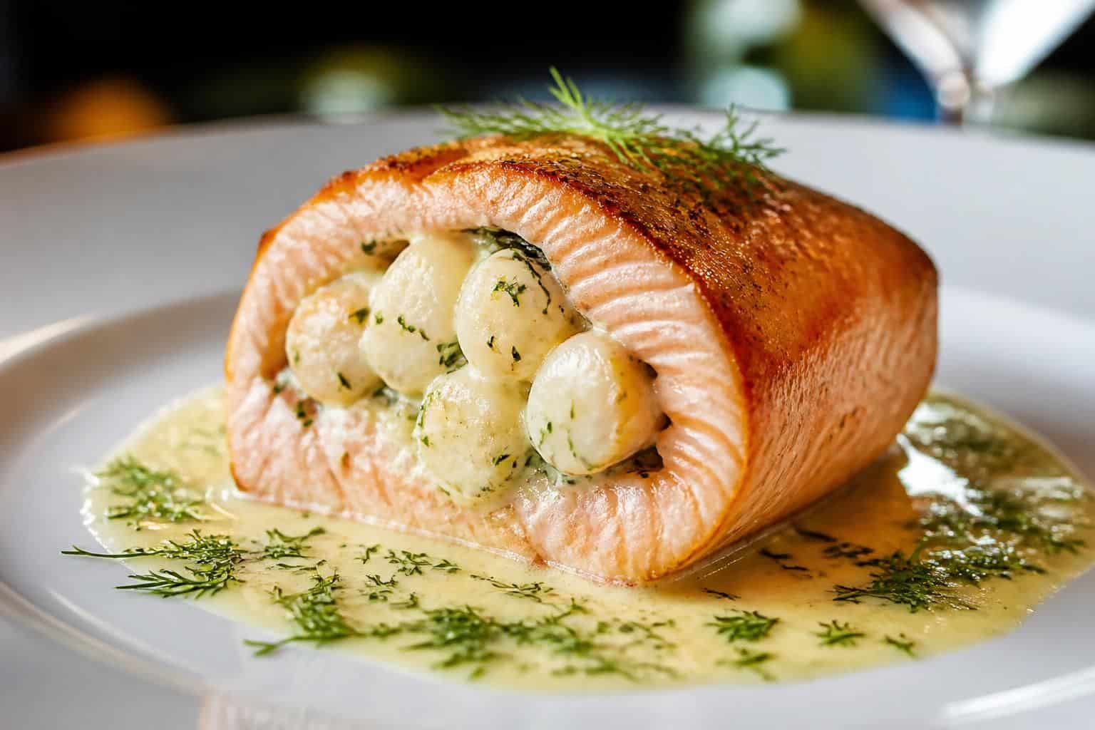 découvrez comment sublimer votre rôti de saumon farci aux saint-jacques avec une sauce délicate agrémentée d'aneth ciselé pour une cuisson parfaite et savoureuse.
