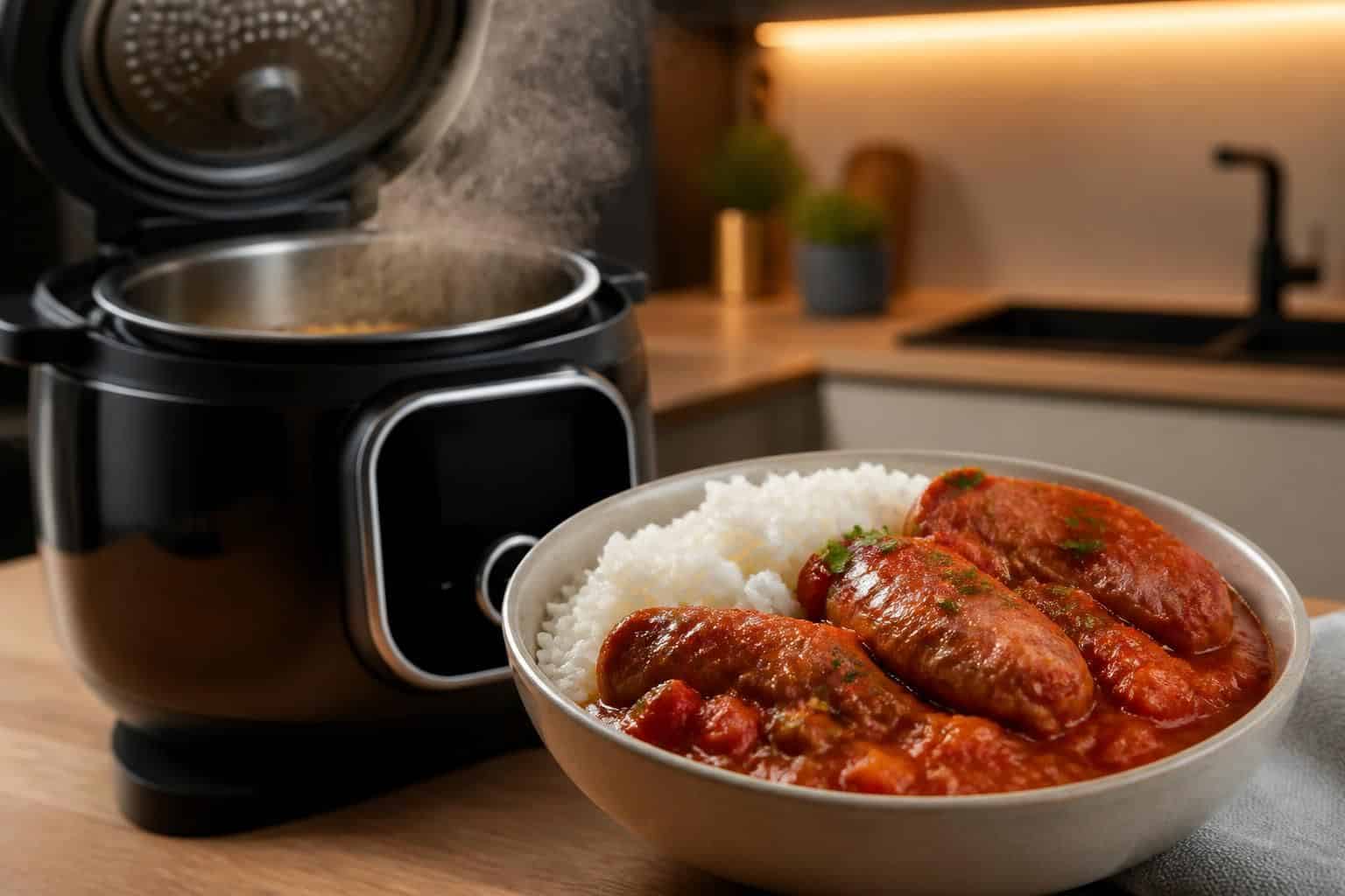 découvrez comment préparer un rougaille saucisse avec riz rapidement et facilement grâce à la cuisson sous pression avec votre cookeo. un plat savoureux et mijoté en un rien de temps !