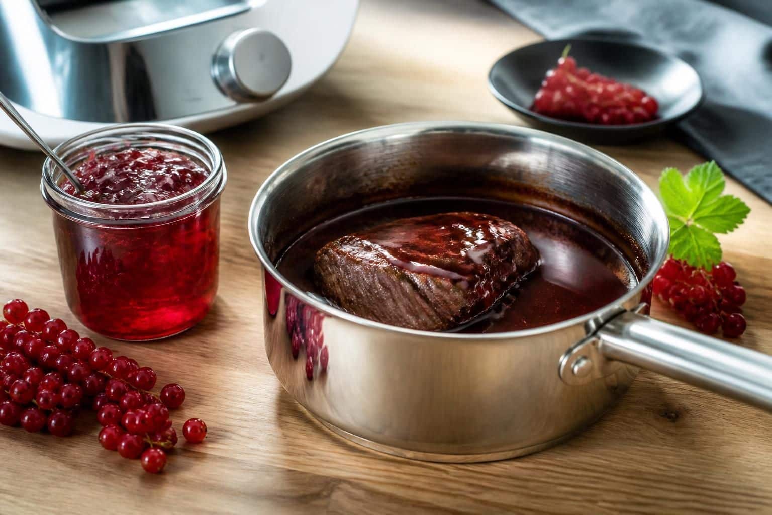 découvrez comment préparer une délicieuse gelée de groseille pour sucrer votre sauce grand veneur avec votre thermomix, pour un plat savoureux et équilibré.