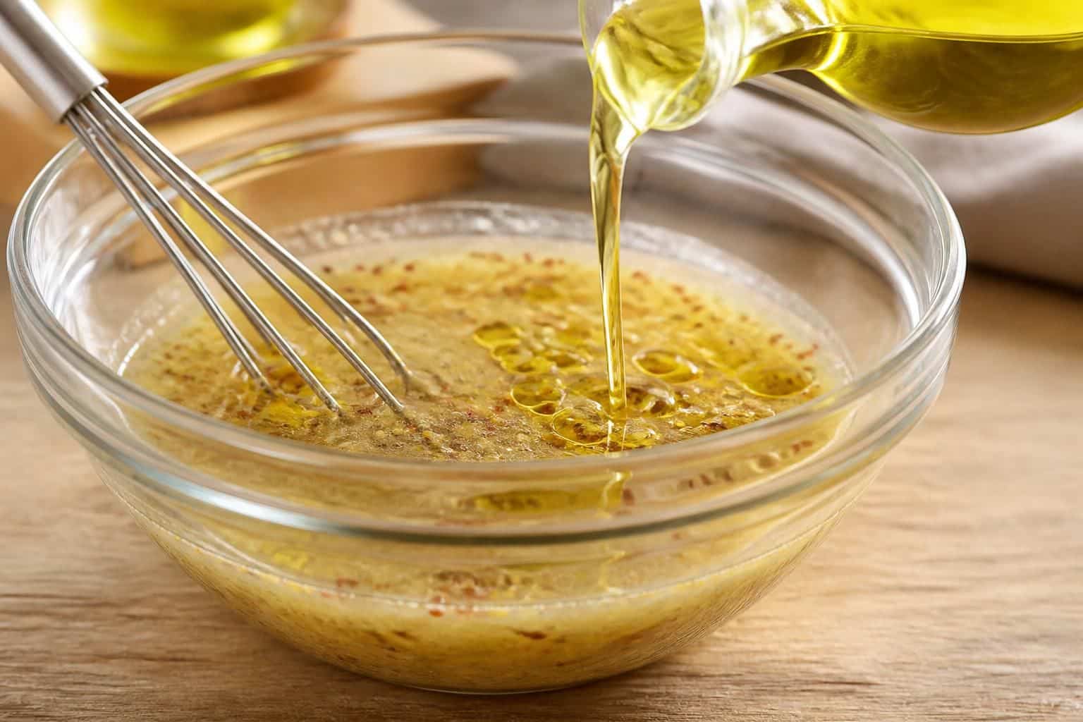 découvrez comment l'huile d'olive sublime et émulsionne parfaitement votre sauce vinaigrette à la moutarde pour une saveur riche et équilibrée.