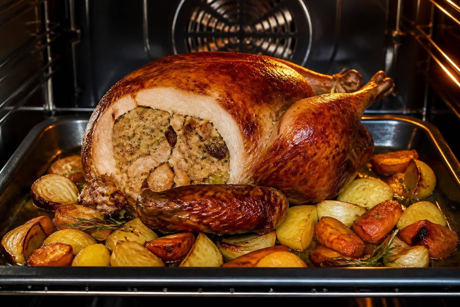 découvrez comment la chaleur tournante garantit une cuisson croustillante parfaite pour votre rôti de chapon farci au four.