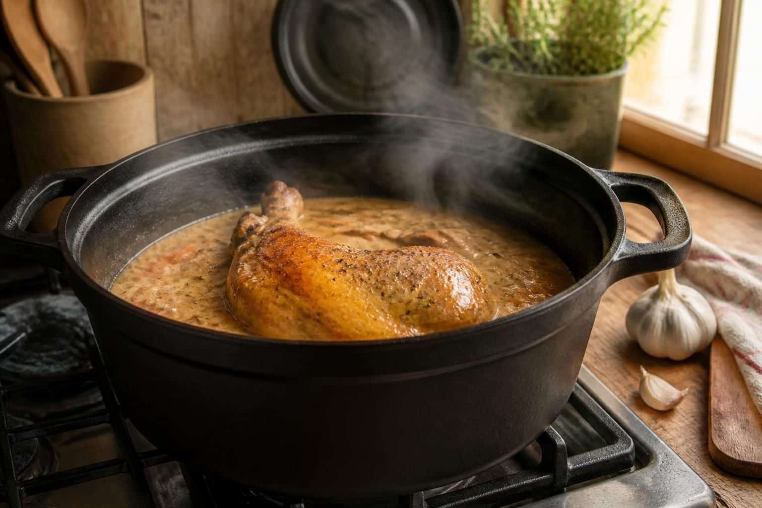 découvrez comment la cocotte en fonte mijote parfaitement une cuisse de pintade, en optimisant le temps de cuisson pour des plats savoureux et fondants.