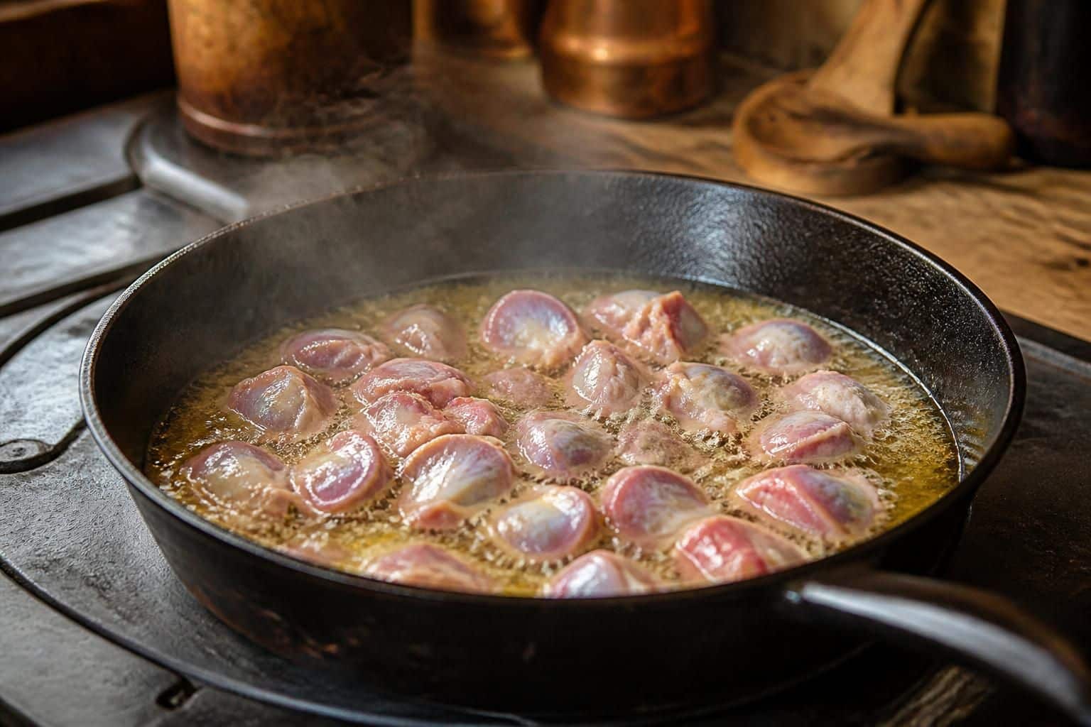 découvrez comment utiliser la graisse de canard confit pour une cuisson parfaite des gésiers de volaille crus, alliant saveur et texture fondante.
