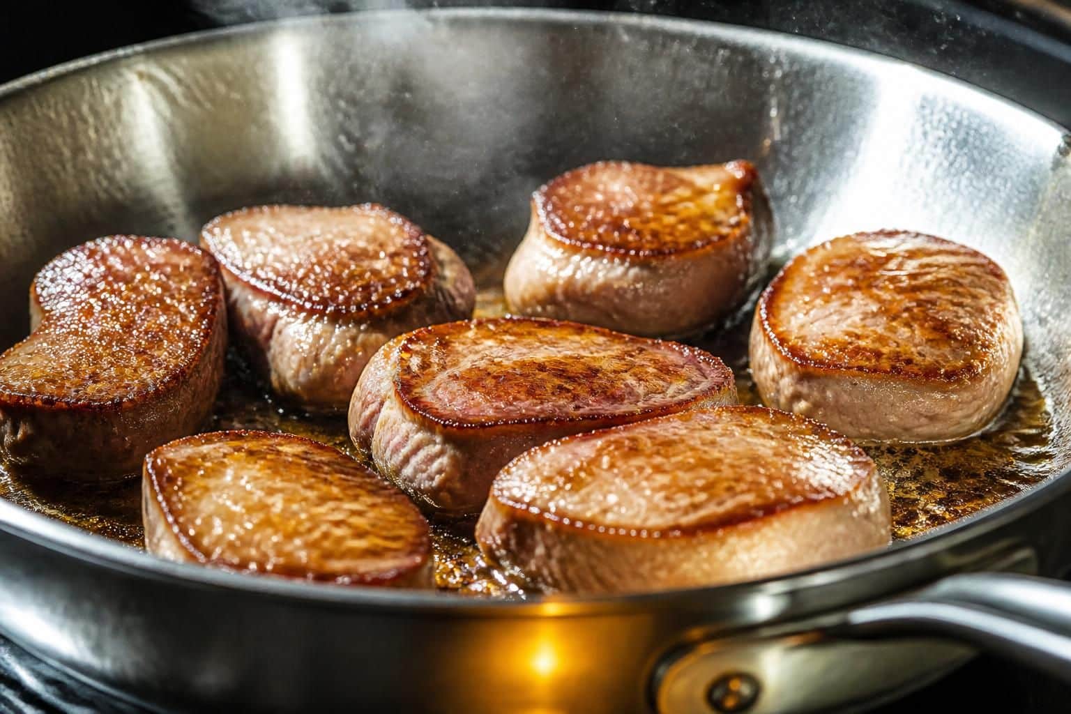 découvrez comment une poêle très chaude permet de saisir parfaitement la cuisson des tournedos de canard pour un plat tendre et savoureux.