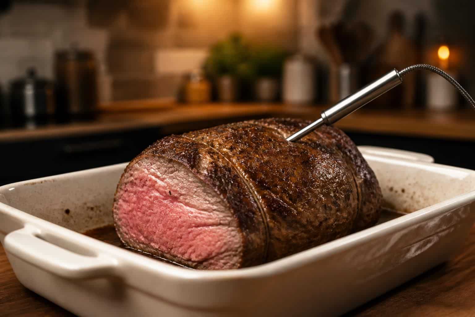 découvrez comment utiliser une sonde thermique pour indiquer précisément la température de cuisson idéale de votre rôti de bœuf et obtenir une viande parfaitement cuite.