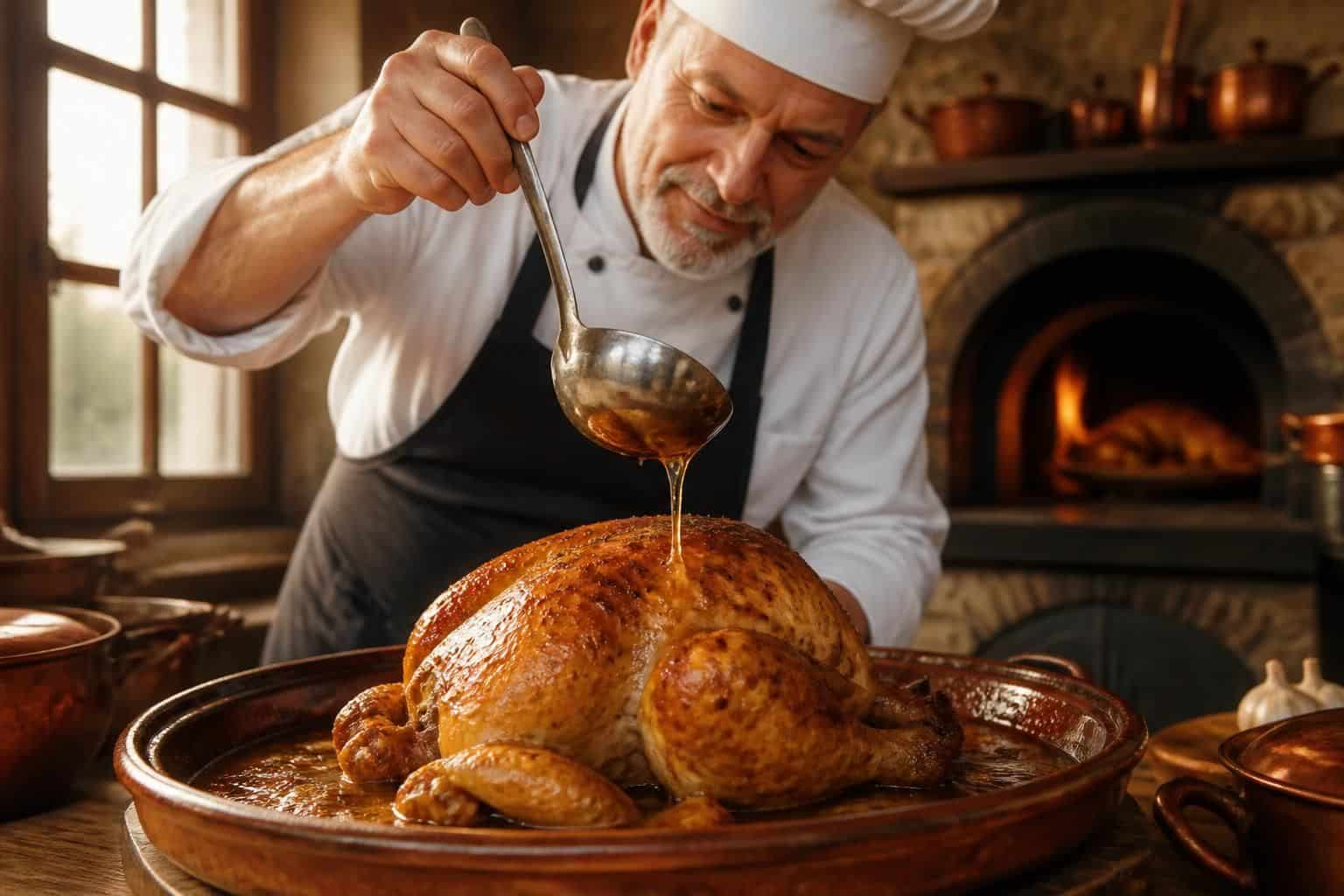 découvrez comment l'arrosage régulier du chapon pendant la cuisson permet de prolonger son temps de cuisson tout en conservant sa tendreté et son jus.