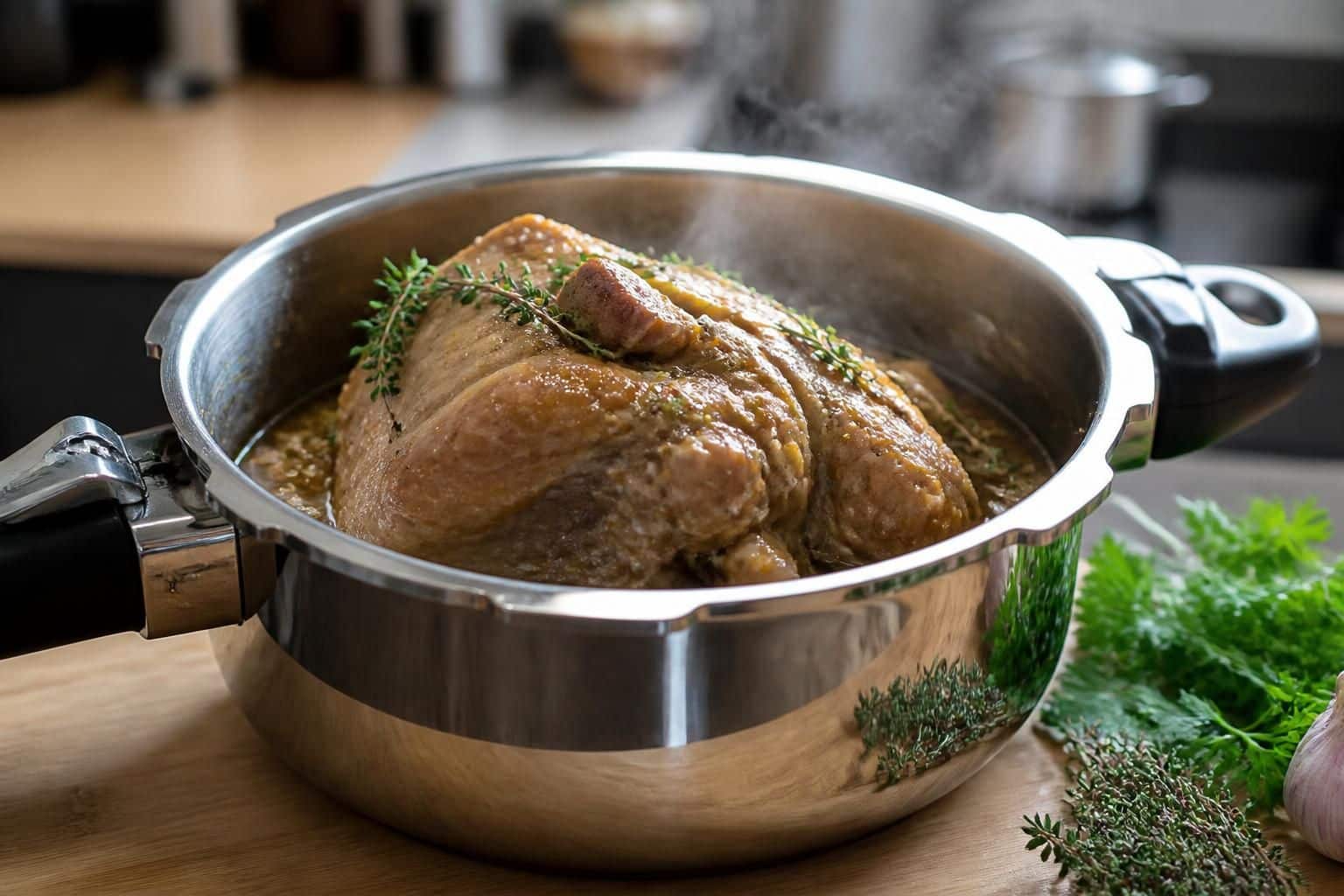 découvrez comment l'autocuiseur ou cocotte minute réduit considérablement le temps de cuisson du jarret de porc tout en préservant saveurs et tendreté.
