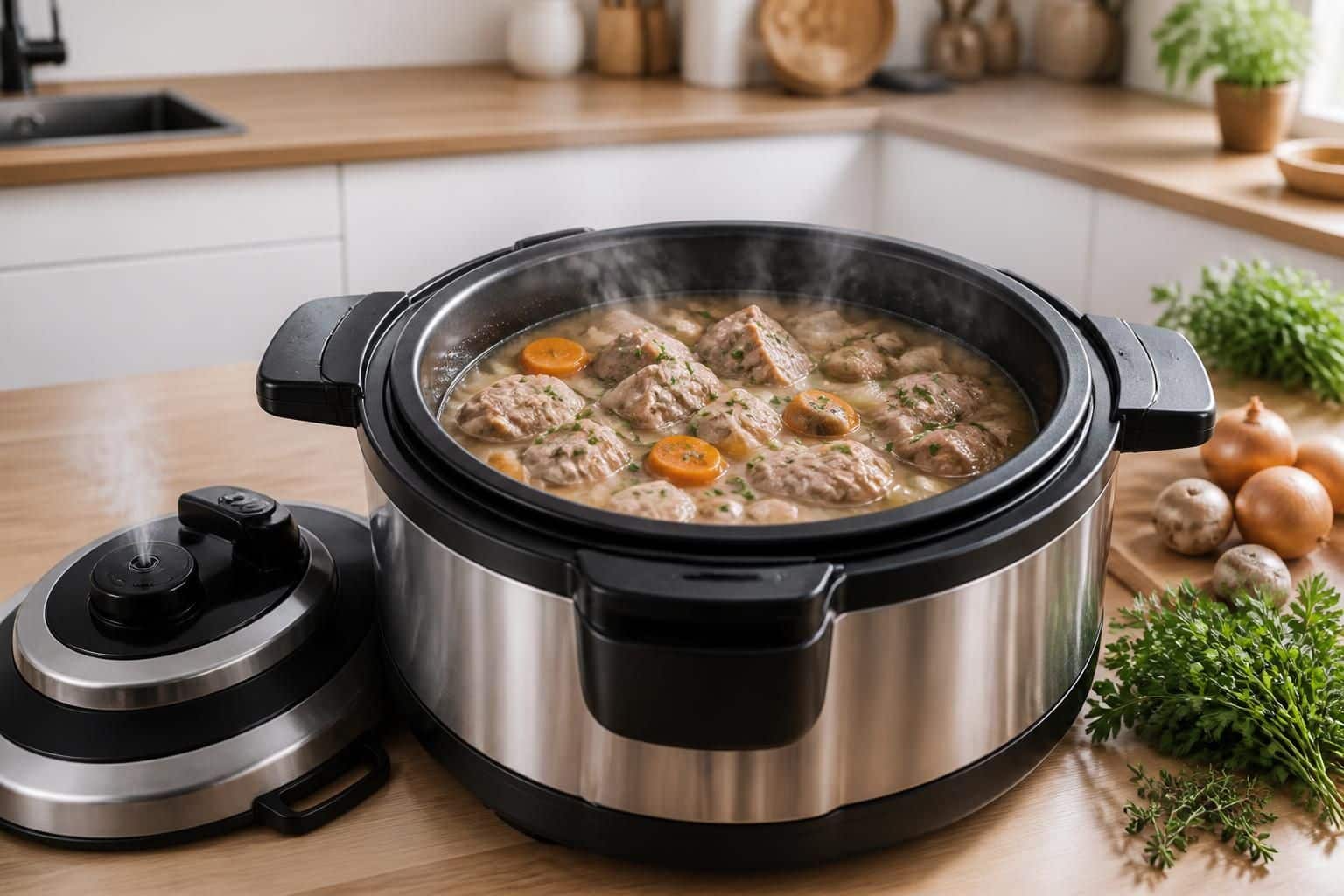 découvrez comment l'autocuiseur sous pression seb réduit le temps de cuisson pour une blanquette de veau savoureuse et tendre, mijotée à la perfection en cocotte minute.