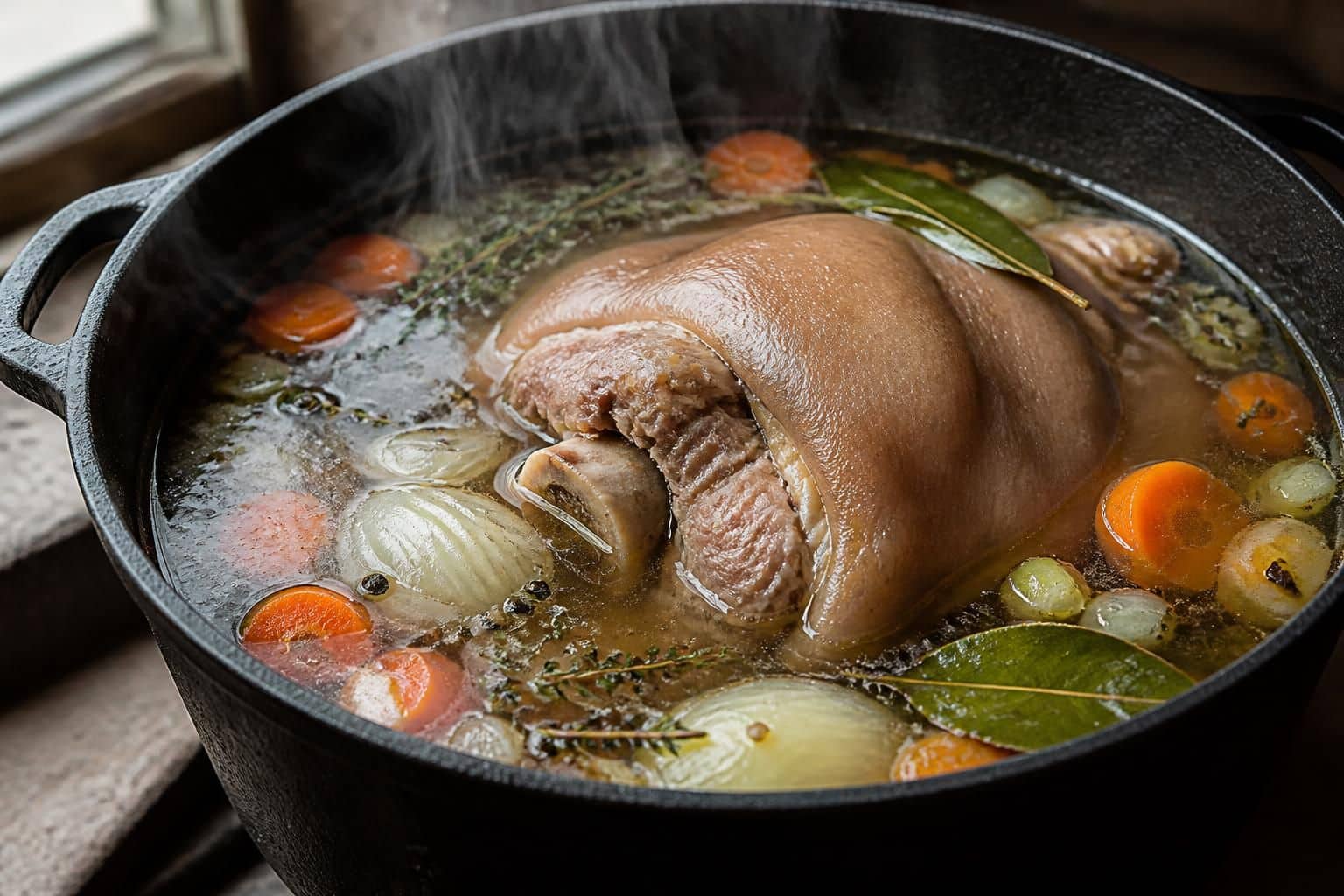 découvrez comment préparer un jarret de porc à l'eau avec un bouillon aromatisé mijoté lentement pour une viande tendre et savoureuse.