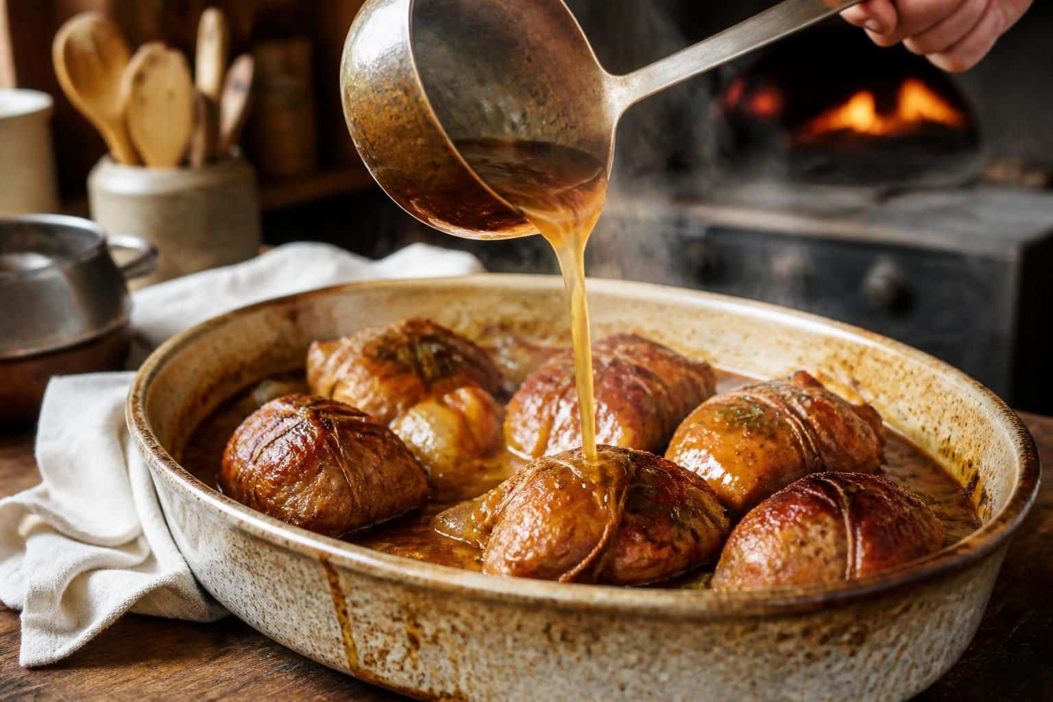 découvrez comment le bouillon de fond de veau sublime la cuisson des paupiettes de porc au four pour un plat savoureux et tendre.