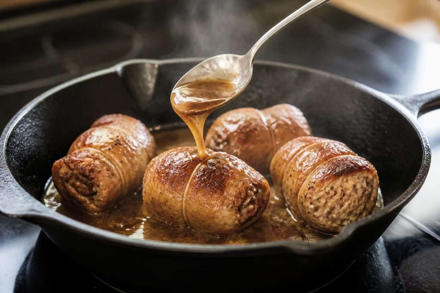 découvrez comment le jus de viande sublime la cuisson des paupiettes de porc à la poêle, pour un plat savoureux et parfait en un rien de temps.