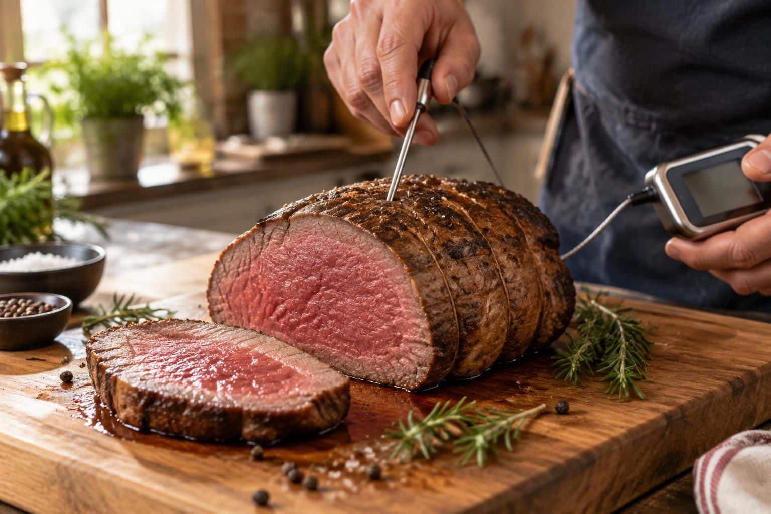 réussissez un rôti de bœuf saignant grâce au thermomètre à sonde : vérifiez la température à cœur pour une cuisson précise et savoureuse.
