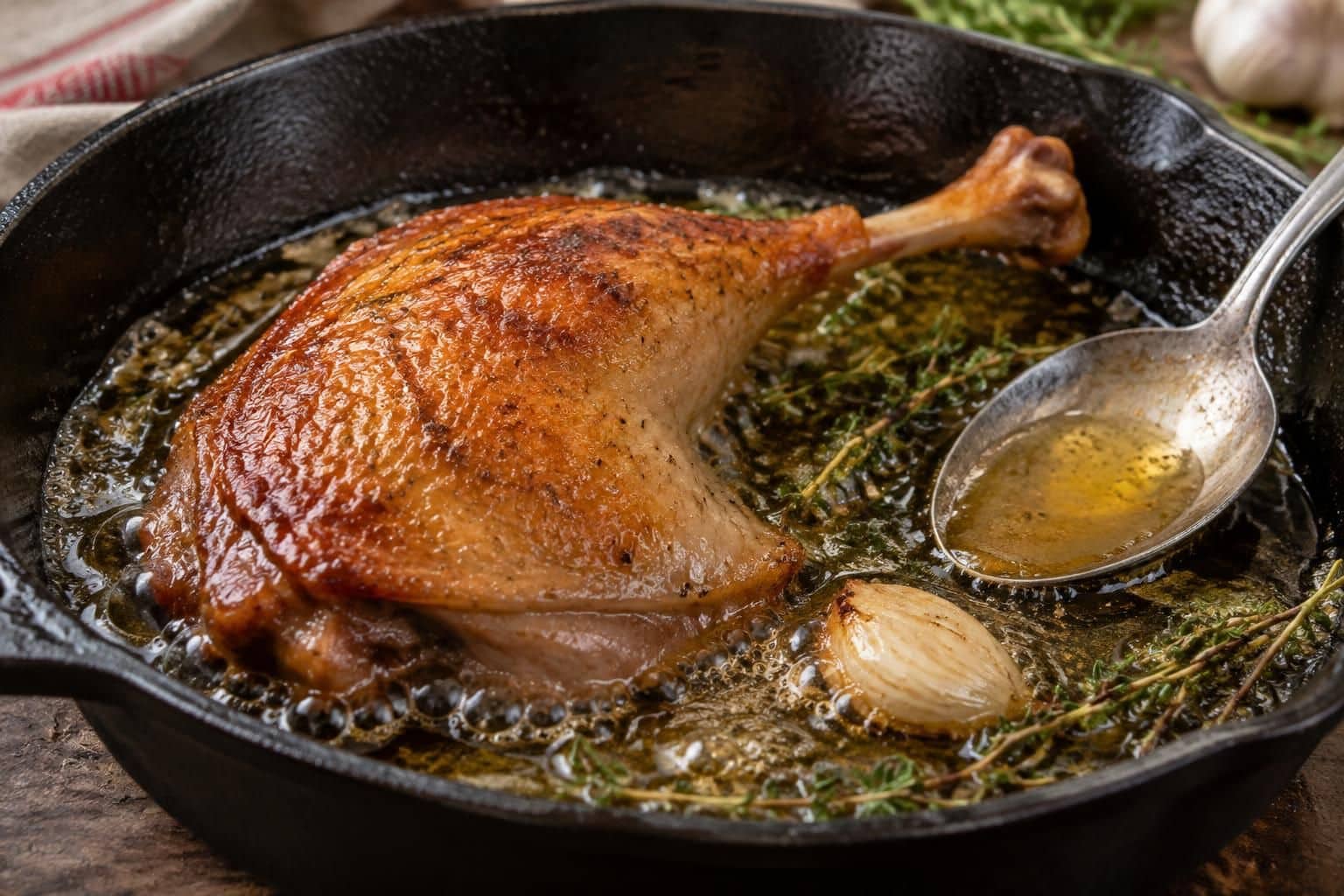 découvrez comment cuire une cuisse de canard à la poêle dans la graisse de canard : temps de cuisson, astuces et conseils pour une peau croustillante.
