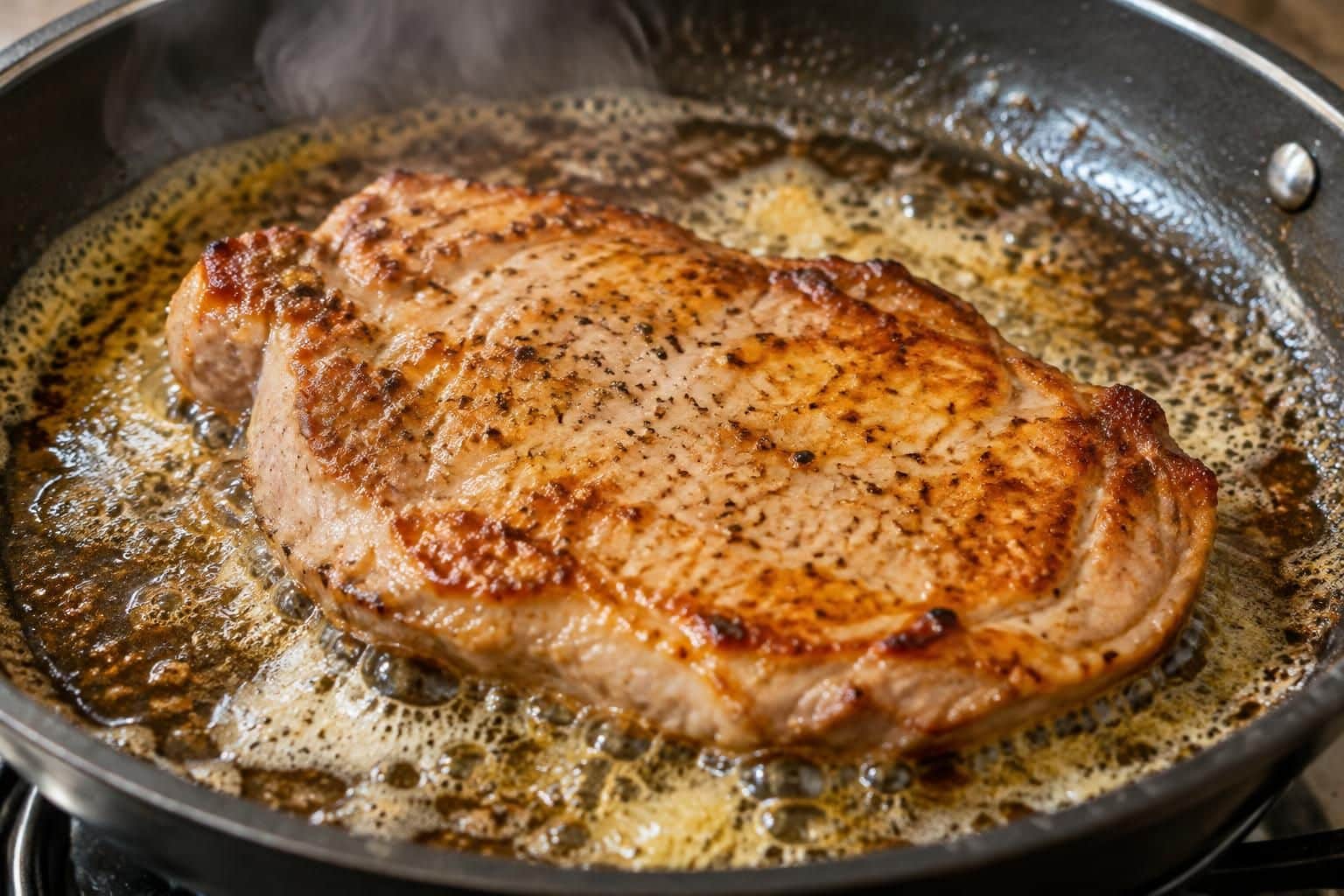 découvrez comment une poêle beurrée dore parfaitement l’escalope de porc et lui apporte une cuisson savoureuse et une belle couleur.