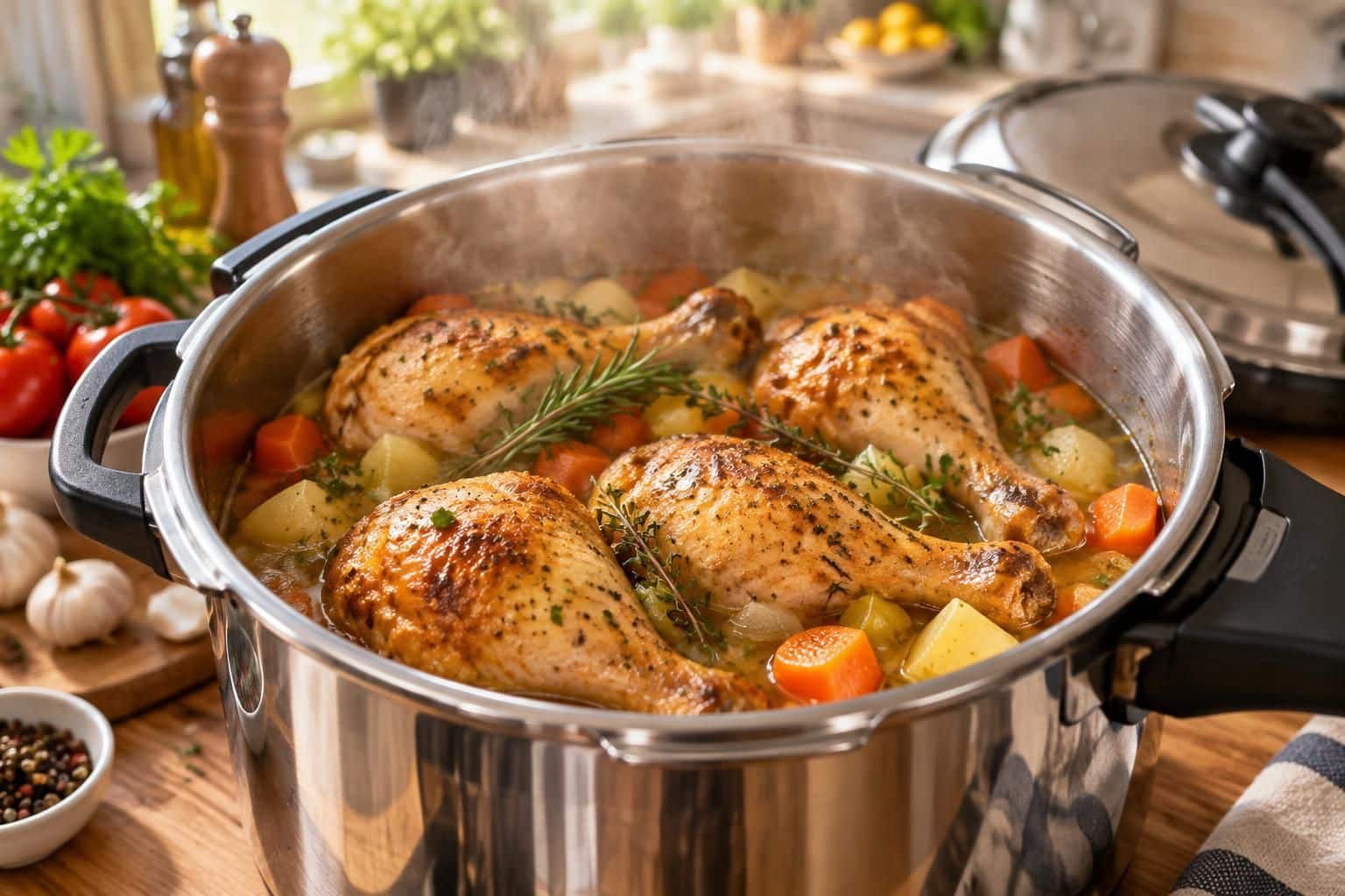 découvrez comment la cuisson sous pression à la cocotte-minute réduit le temps de cuisson des cuisses de poulet tout en les gardant tendres et savoureuses.