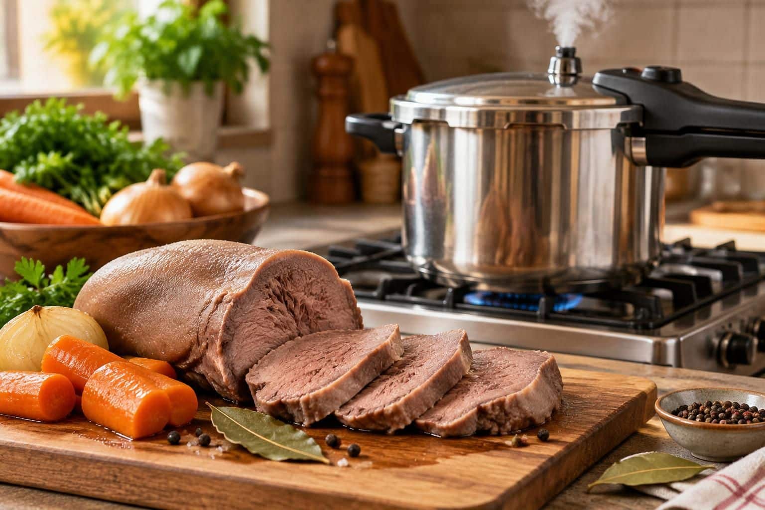 découvrez comment la cuisson de la langue de bœuf à la cocotte-minute attendrit la viande et réduit le temps de préparation.