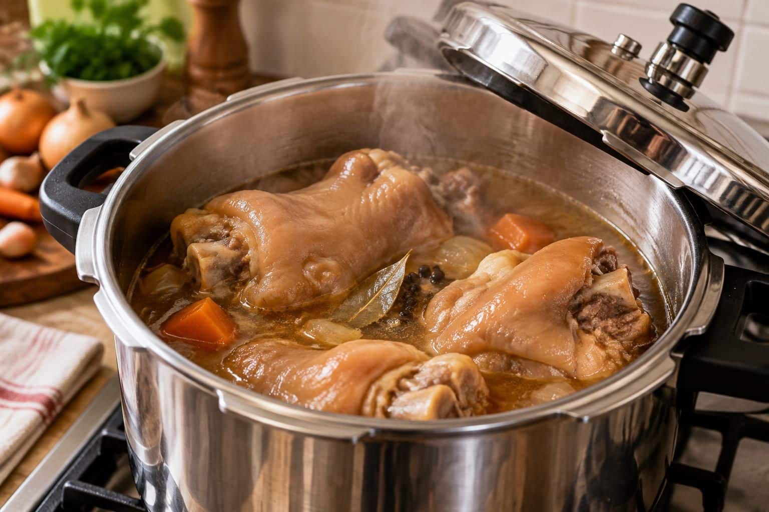 découvrez comment la cuisson des pieds de porc à la cocotte-minute les rend fondants et gélatineux grâce à la vapeur sous pression.