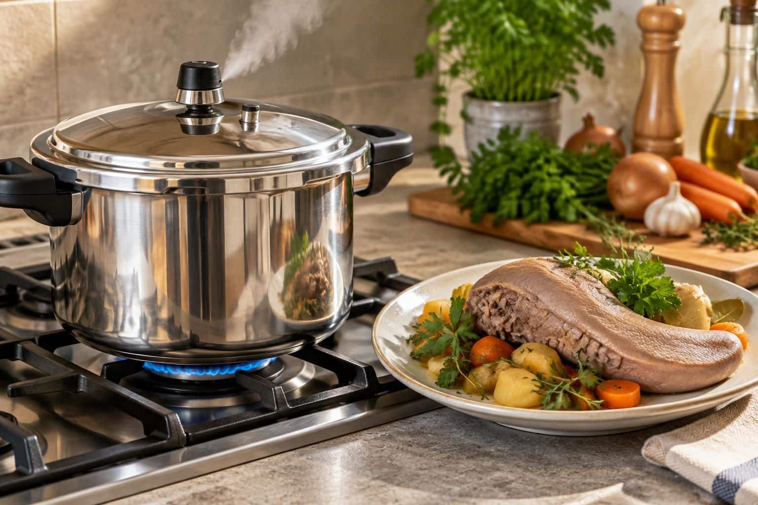 découvrez comment la vapeur sous pression réduit le temps de cuisson de la langue de porc à la cocotte-minute, tout en préservant sa tendreté.
