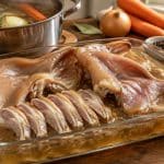 découvrez comment le bouillon aromatisé se gélifie pendant la cuisson des oreilles de porc au court-bouillon et leur apporte toute sa saveur.