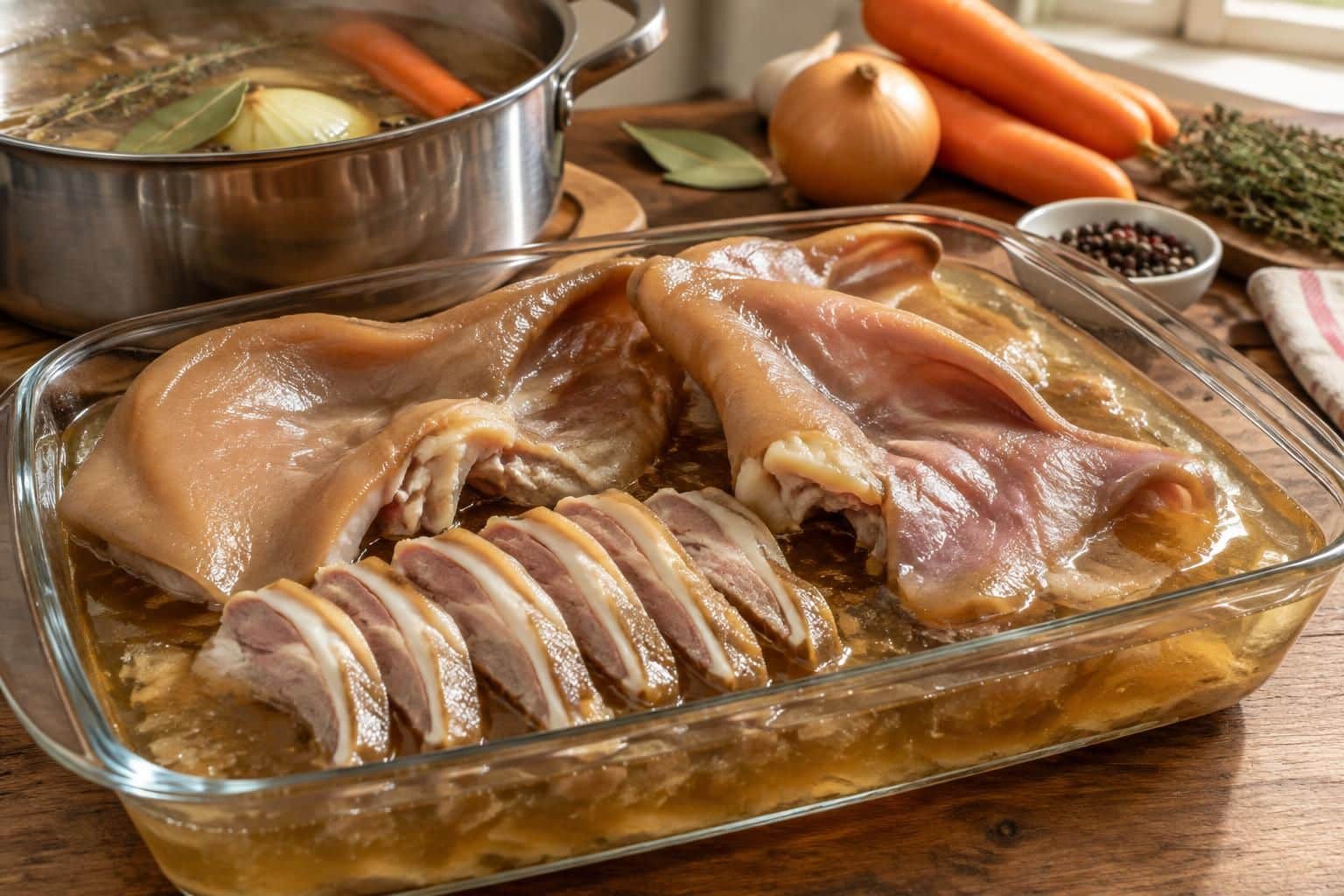découvrez comment le bouillon aromatisé se gélifie pendant la cuisson des oreilles de porc au court-bouillon et leur apporte toute sa saveur.
