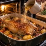 découvrez comment le bouillon de volaille accompagne la cuisson de la cuisse de pintade au four pour une viande tendre et savoureuse.