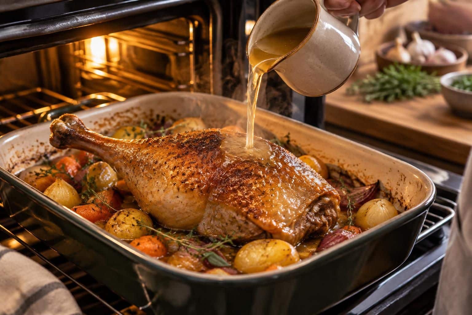 découvrez comment le bouillon de volaille accompagne la cuisson de la cuisse de pintade au four pour une viande tendre et savoureuse.