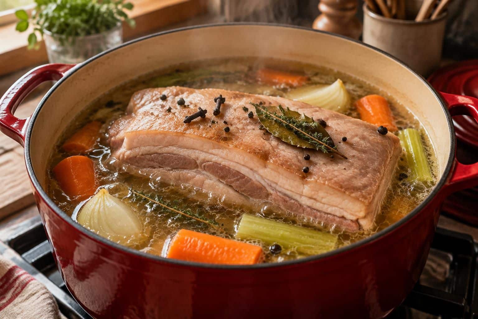 découvrez comment cuire une poitrine de porc au court-bouillon aromatisé et maîtriser le temps de cuisson pour une viande tendre et savoureuse.