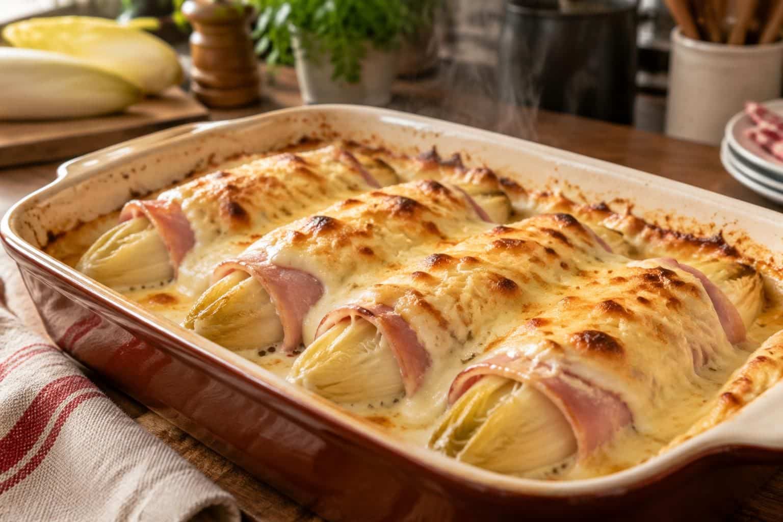 préparez des endives fondantes enroulées dans du jambon blanc, nappées de béchamel et gratinées au four : une recette classique et réconfortante.