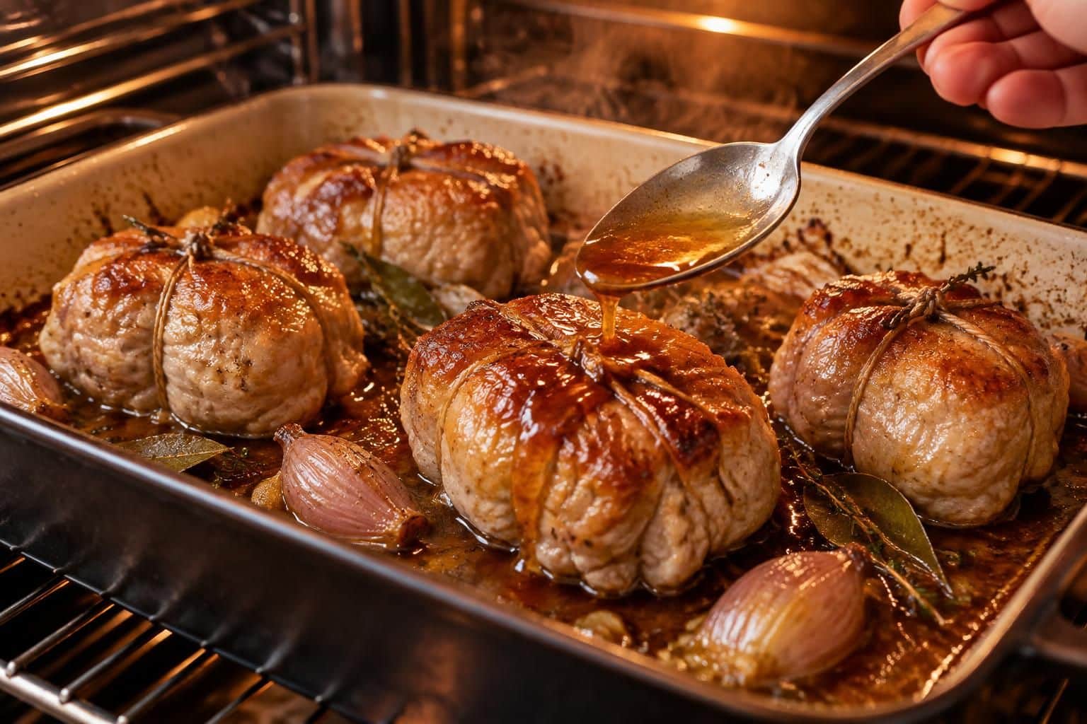 découvrez comment arroser vos paupiettes de veau avec leur jus de viande au four et maîtrisez leur temps de cuisson pour une viande tendre et savoureuse.