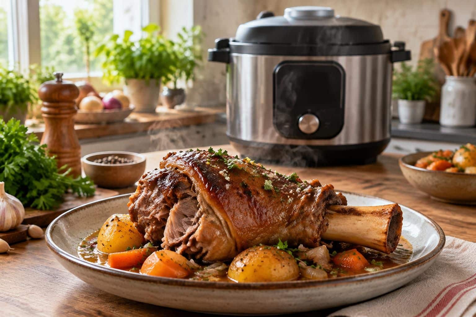 découvrez comment cuire un jarret de porc au cookeo : le robot cuiseur sous pression attendrit la viande et facilite la préparation d’un plat savoureux.