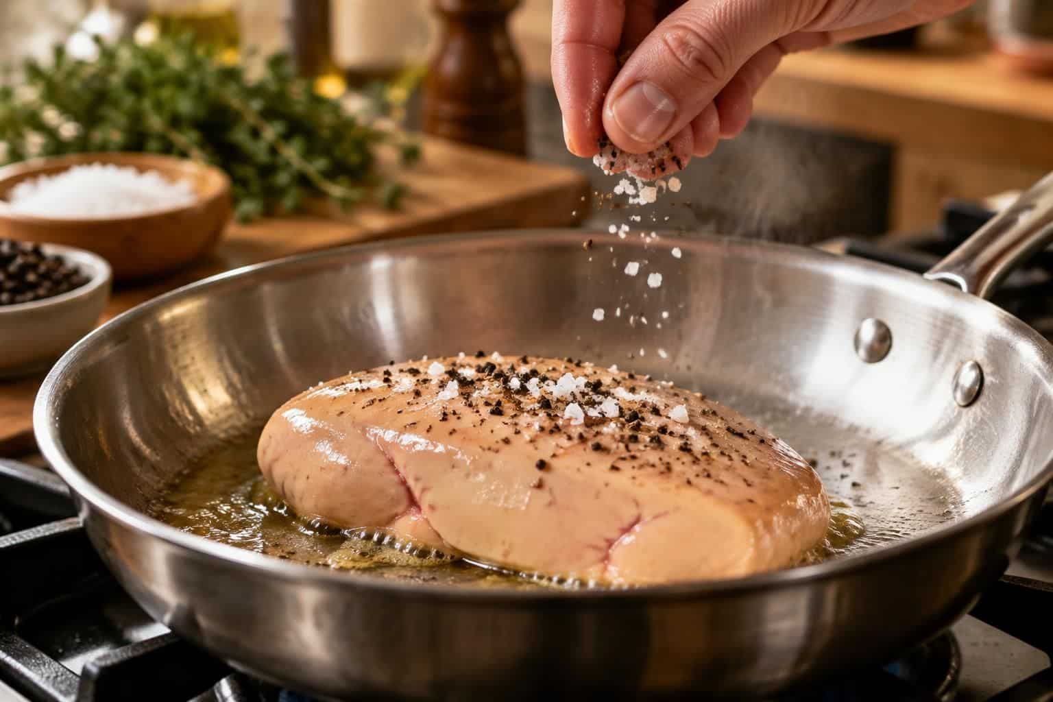 découvrez comment le sel et le poivre rehaussent la cuisson du foie gras cru et révèlent toute sa finesse.