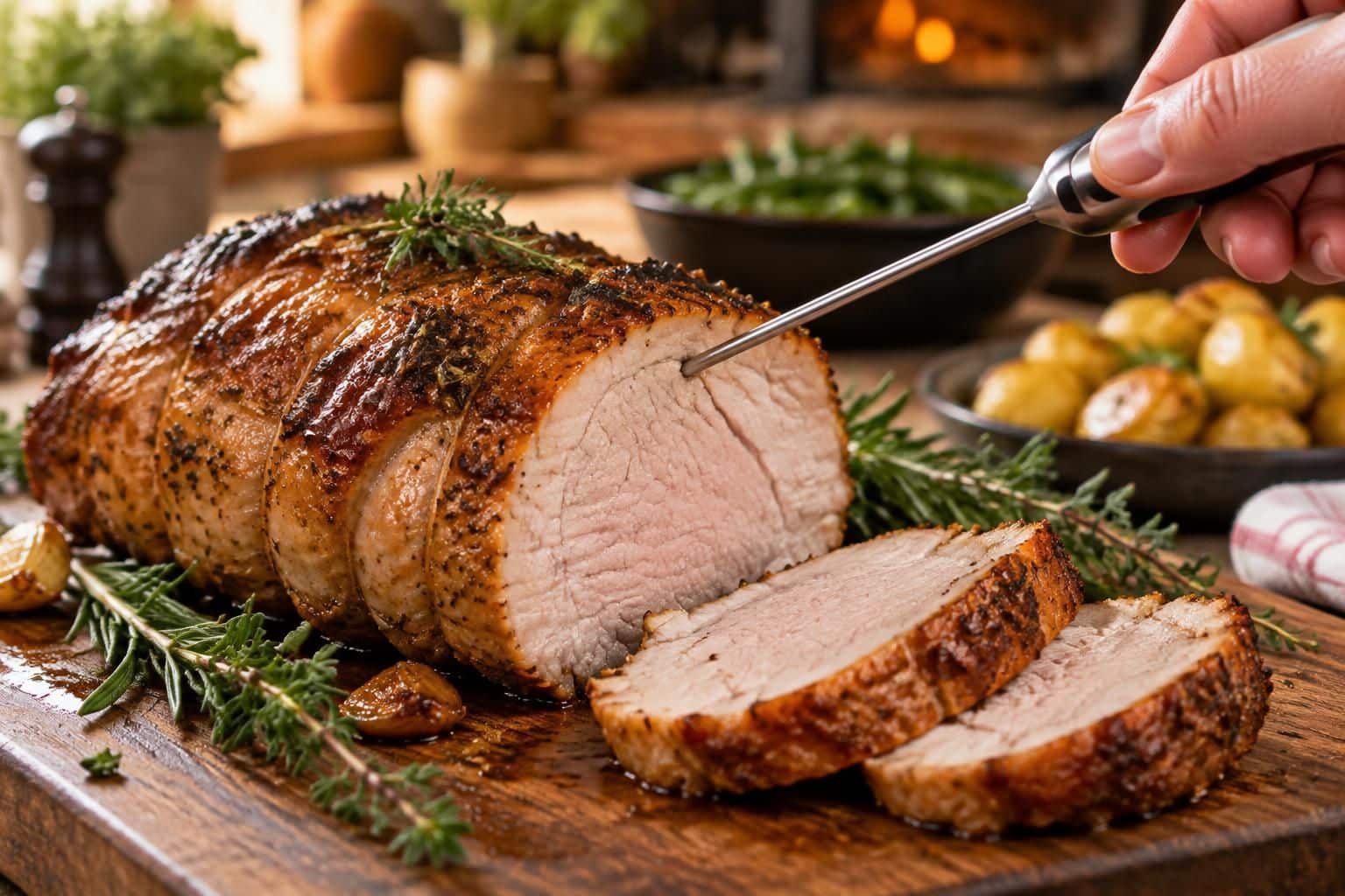 vérifiez la cuisson à cœur de votre rôti de porc avec un thermomètre à sonde et obtenez une viande tendre, savoureuse et parfaitement cuite.