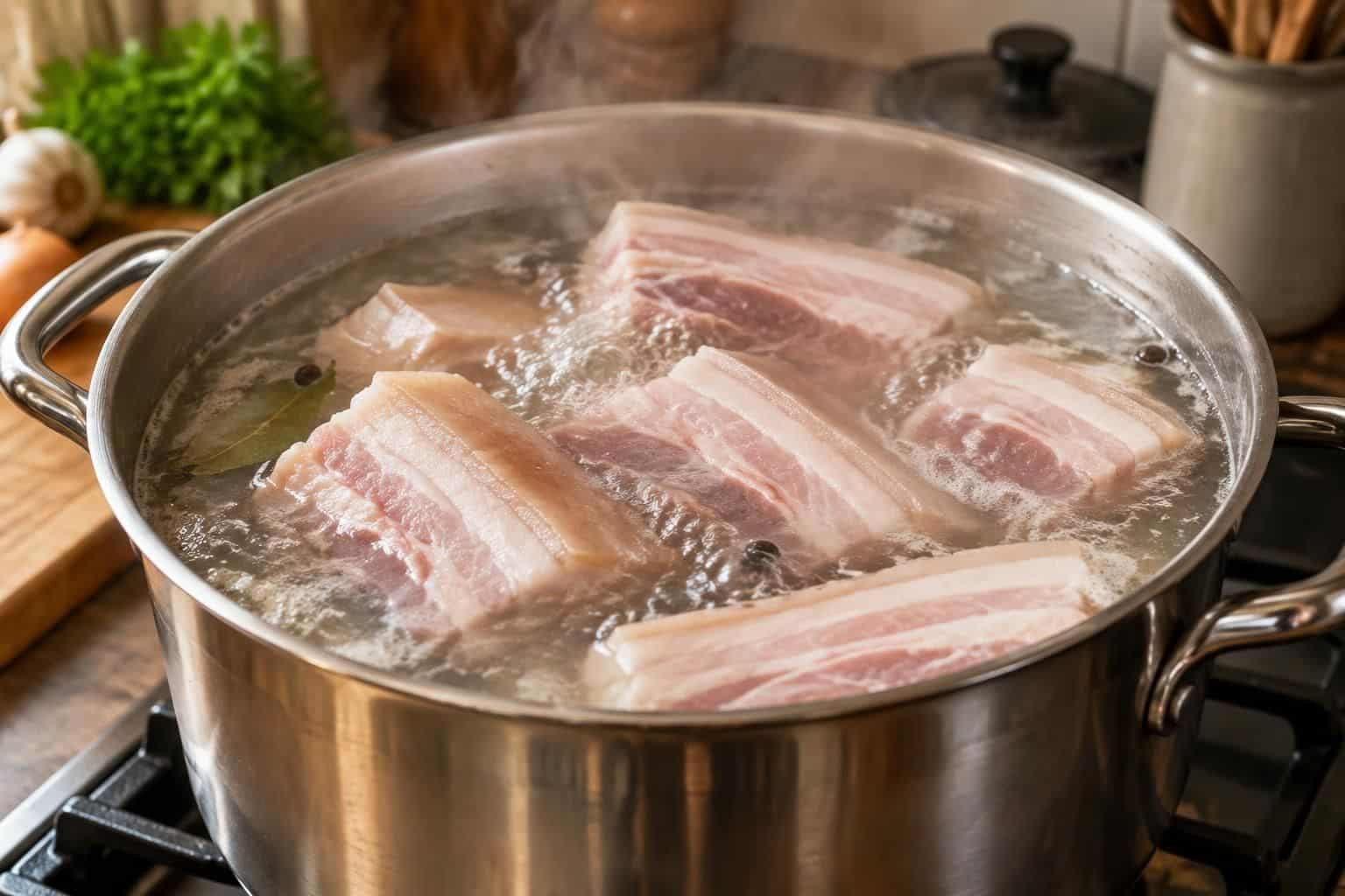 découvrez comment l’eau bouillante aide à dessaler le lard frais et à le cuire à l’eau pour obtenir une texture tendre et savoureuse.