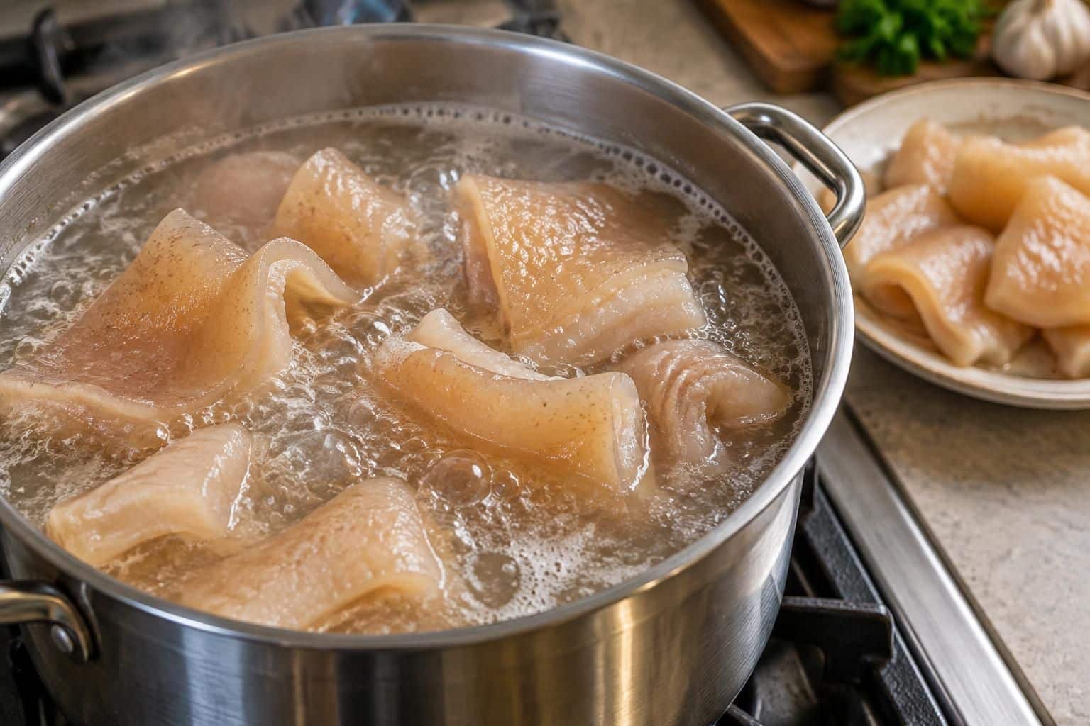 découvrez combien de temps cuire la couenne de porc à l’eau bouillante pour obtenir une texture tendre et bien gélifiée.
